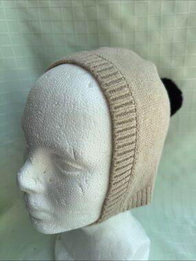 New GAP Beige Knit Kids Cotton Blend Hat with Black Pom Pom and Matching Mittens